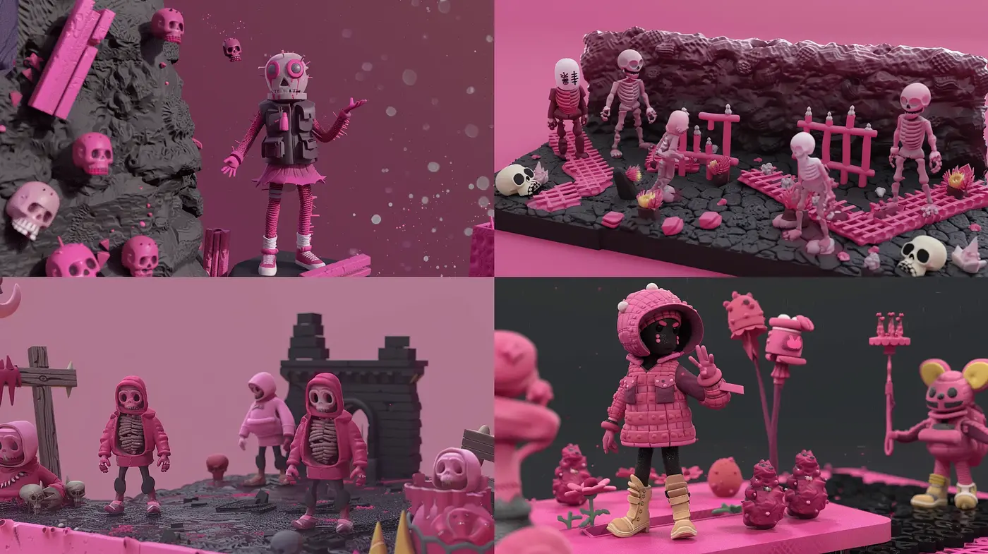 Monochromatic Pink Macabre: Textured Tales of Surreal Playfulness - Midjourney sref style