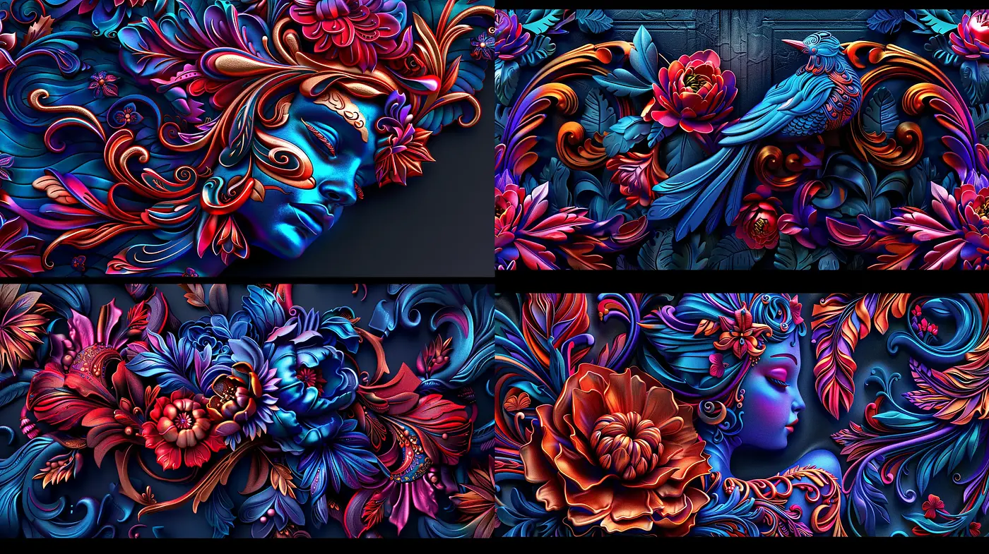 Vivid Florals and Ethereal Faces in Neon Baroque - Midjourney sref style