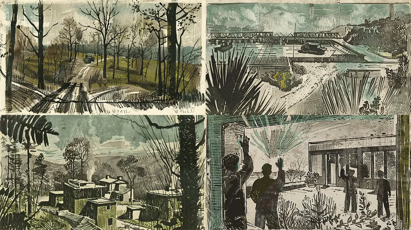 Subdued Earthen Hues in Semi-Abstract Woodcut Print Style - Midjourney sref style