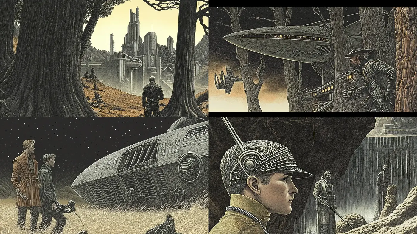 Timeless Sci-Fi Echoes in Sepia: A Retrofuturistic Fusion of Classic Science Fiction Art and Modern Sensibilities - Midjourney sref style