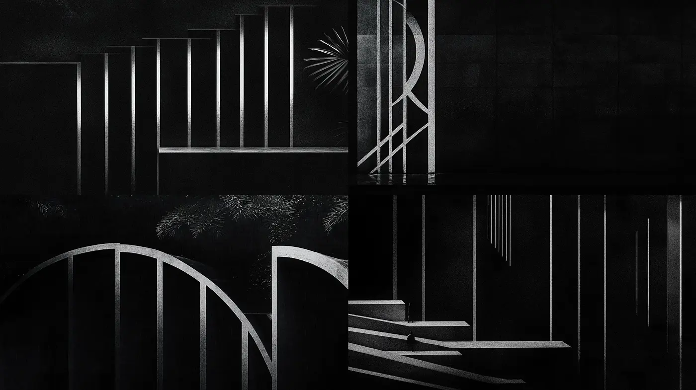 Monochromatic Geometric Harmony: A Synthesis of Shadows and Architectural Elegance - Midjourney sref style