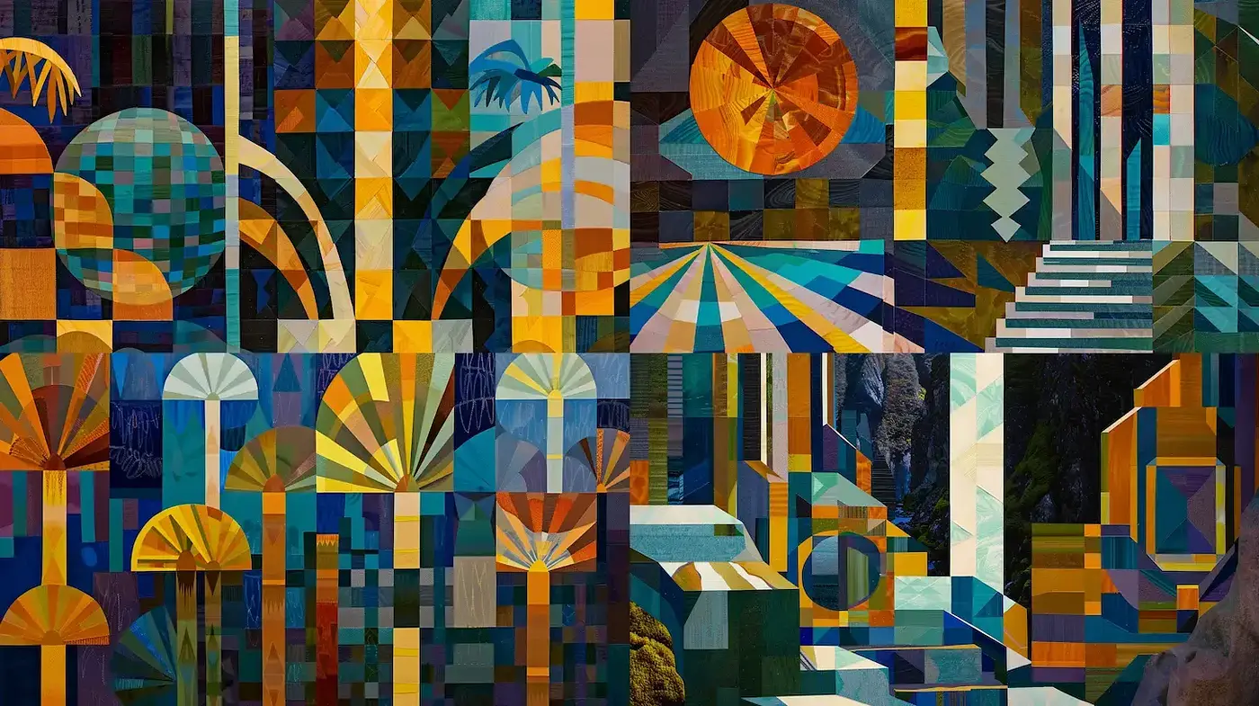 Vibrant Geometric Composition with Synthesized Nature Elements - Midjourney sref style