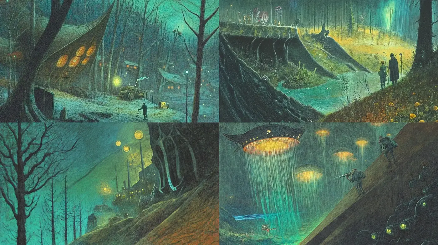 Ethereal Nocturnal Dreamscape in a Surreal Forest Setting - Midjourney sref style