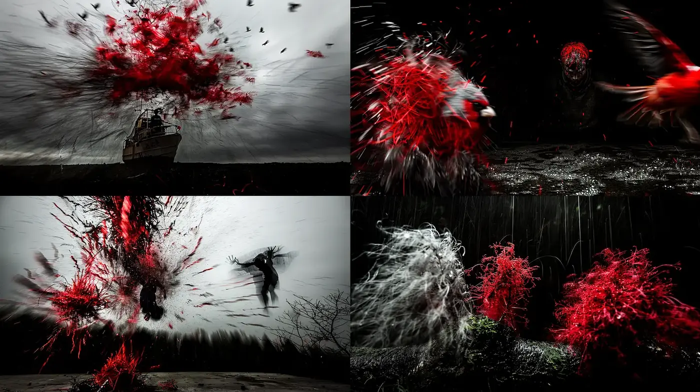 Dynamic and Chaotic Visual Exploration with Intense Red Accents - Midjourney sref style