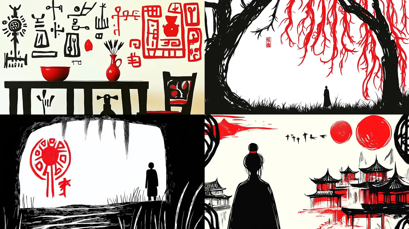 Stark Contrasts and Symbolic Interpretations in a Fusion of Modern Ink Wash and Traditional Asian Art - Midjourney sref style