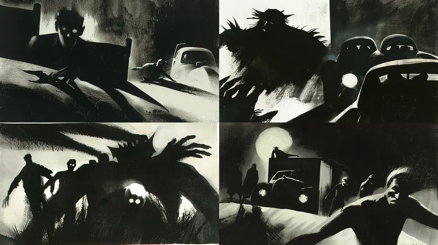 Nocturnal Mystery in Monochrome: Evocative Shades of Darkness and Light - Midjourney sref style