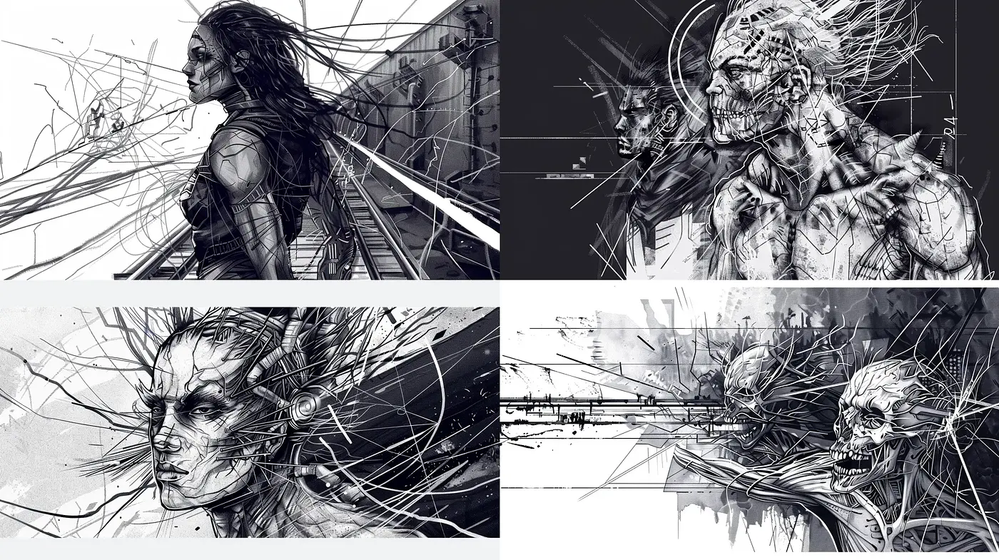Energetic Scribble Fusion with Monochromatic Drama - Midjourney sref style