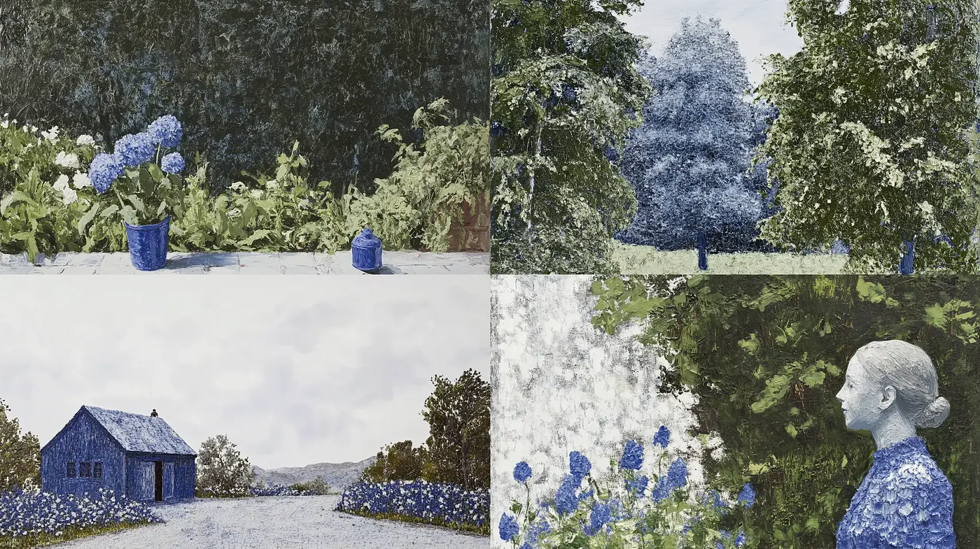Serenity in Blues: A Textured Landscape and Portrait Quartet - Midjourney sref style