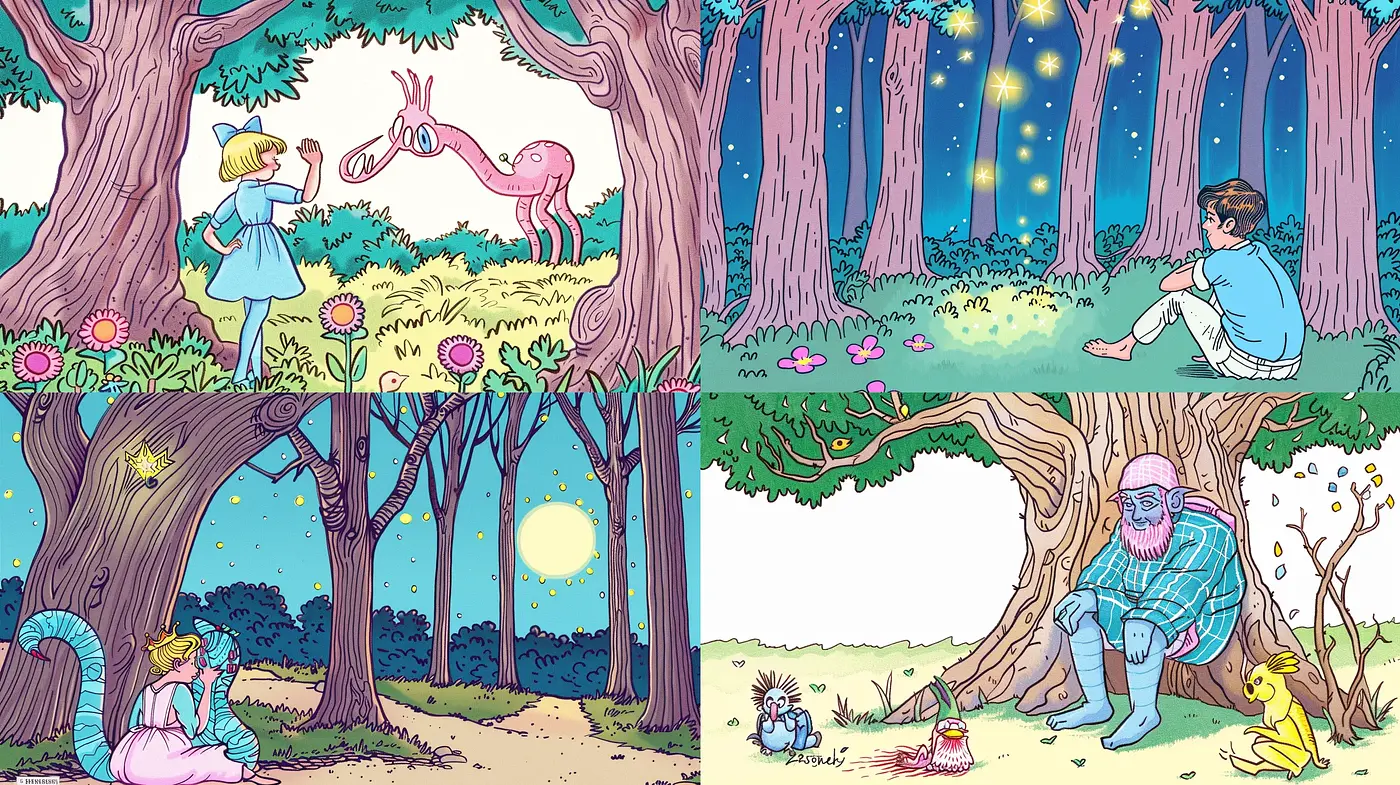 Enchanted Forest Whimsy: A Fusion of Vibrant Illustrative Magic and Dreamy Nostalgia - Midjourney sref style