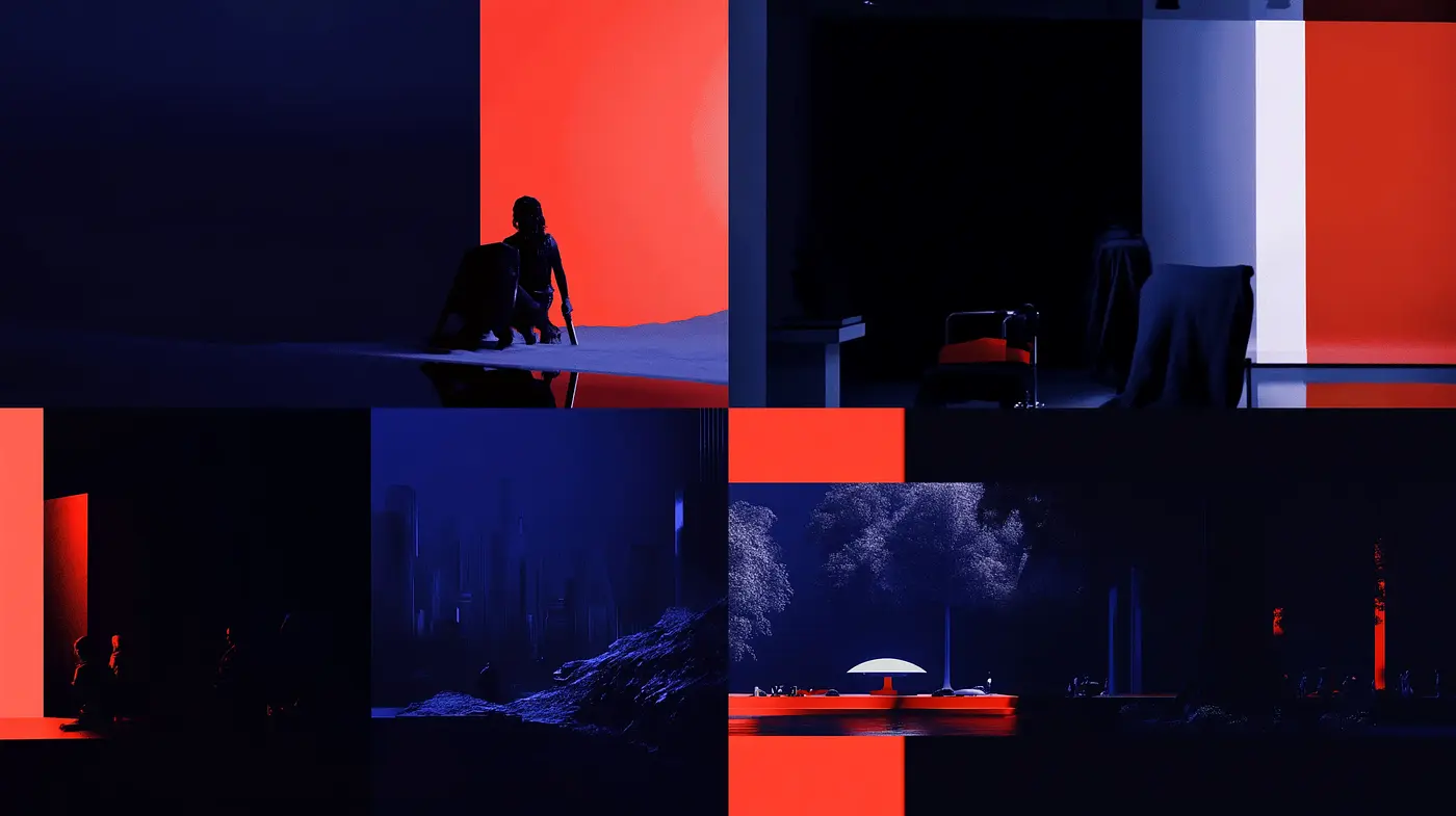 Nocturnal Red and Blue Dichotomy in Cinematic Style - Midjourney sref style