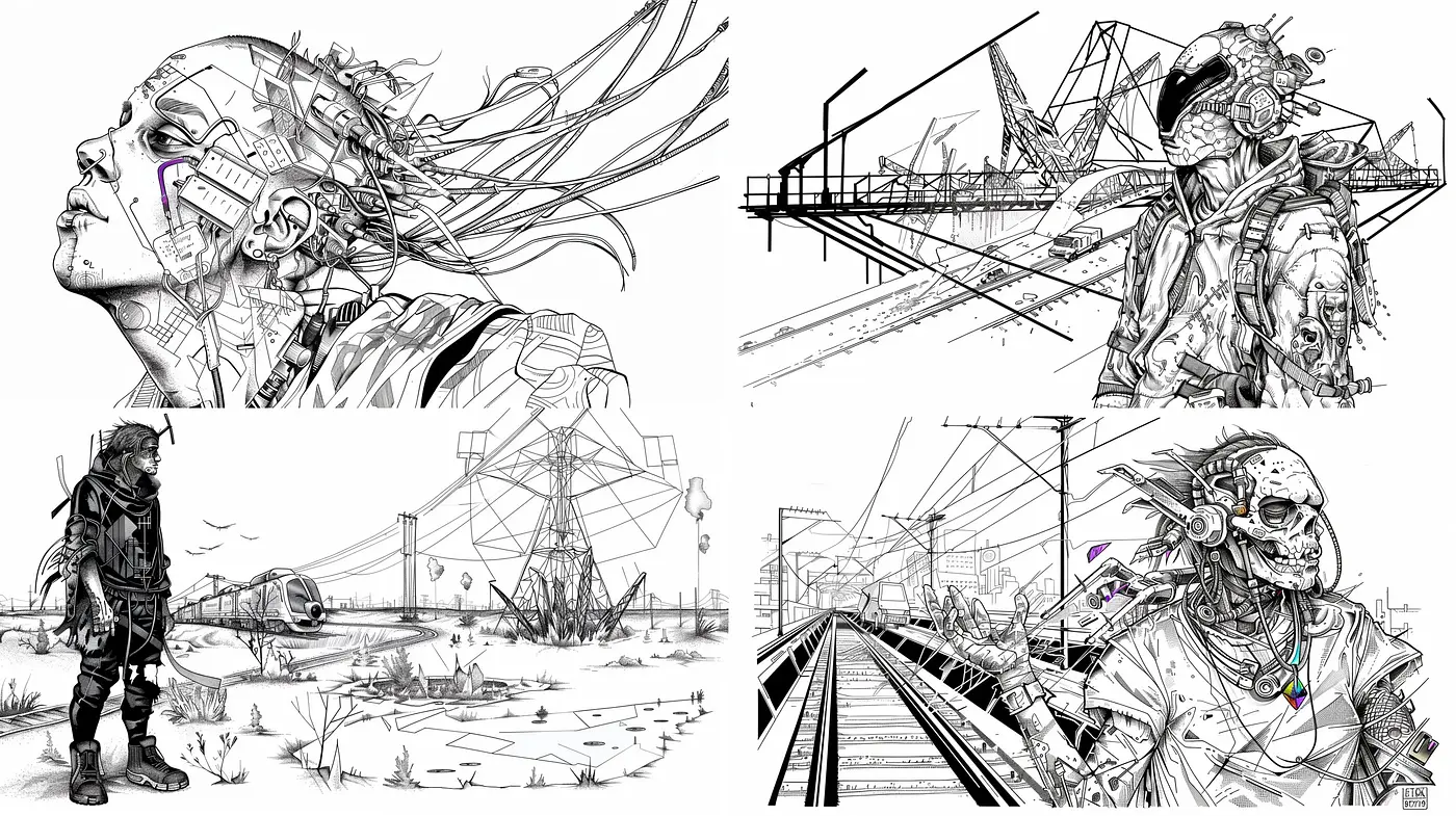 Monochrome Cyberpunk Dreamscape: A Fusion of Futuristic Detail and Industrial Desolation - Midjourney sref style