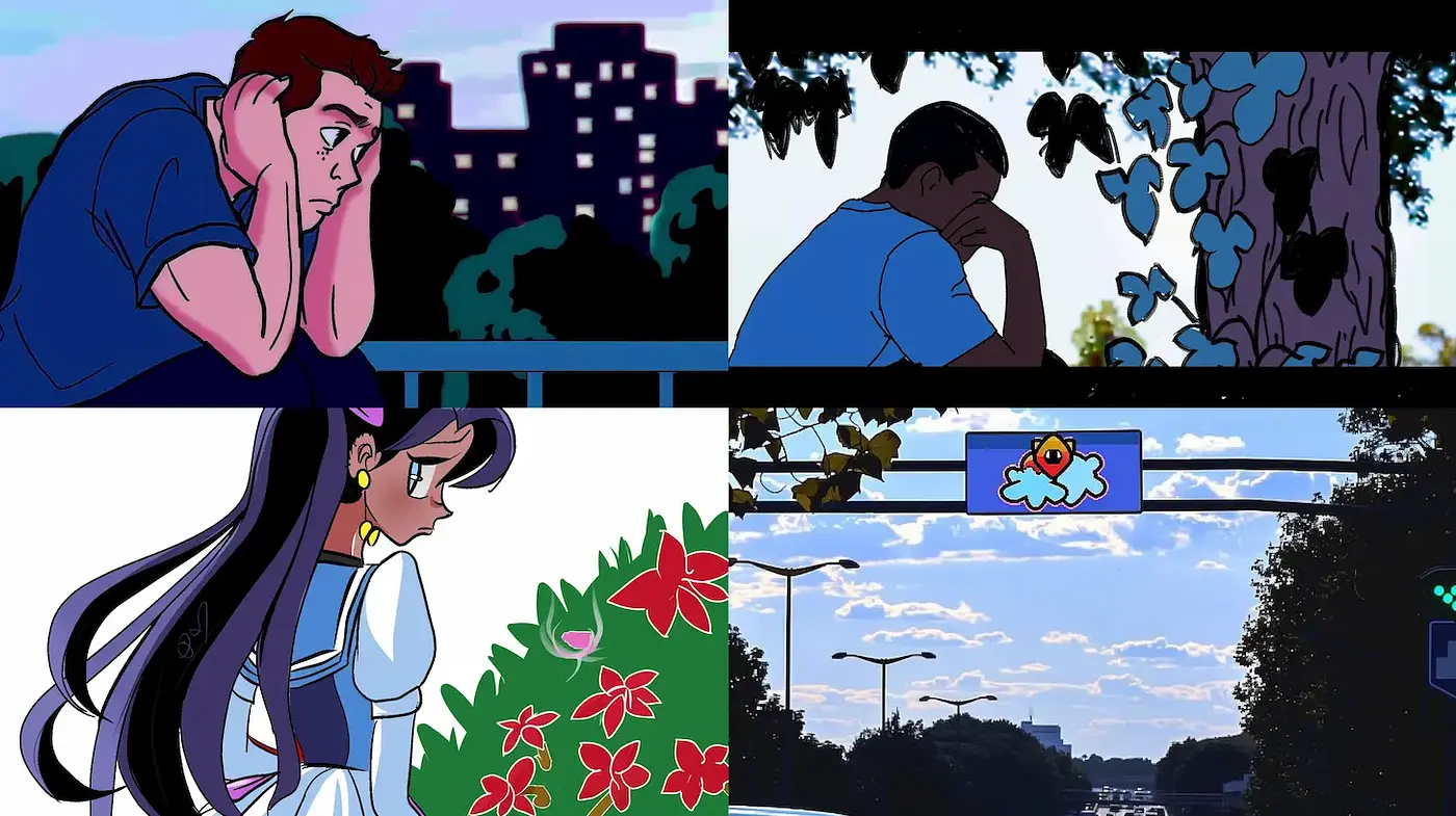 Emotive animation with a blend of nature and urban elements - Midjourney sref style
