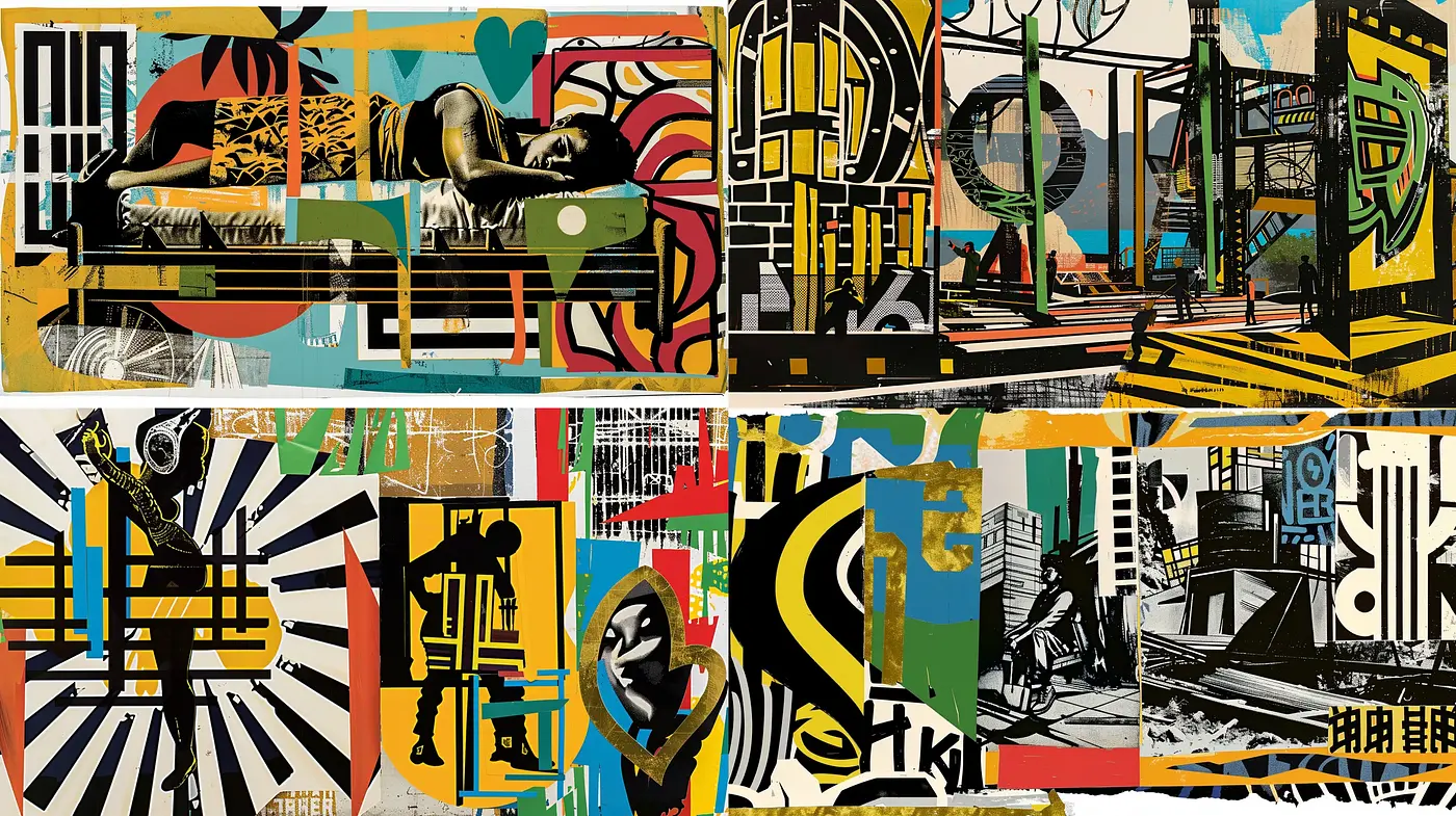 Urban Collage of Abstracted Visions: A Graphic Conflux - Midjourney sref style