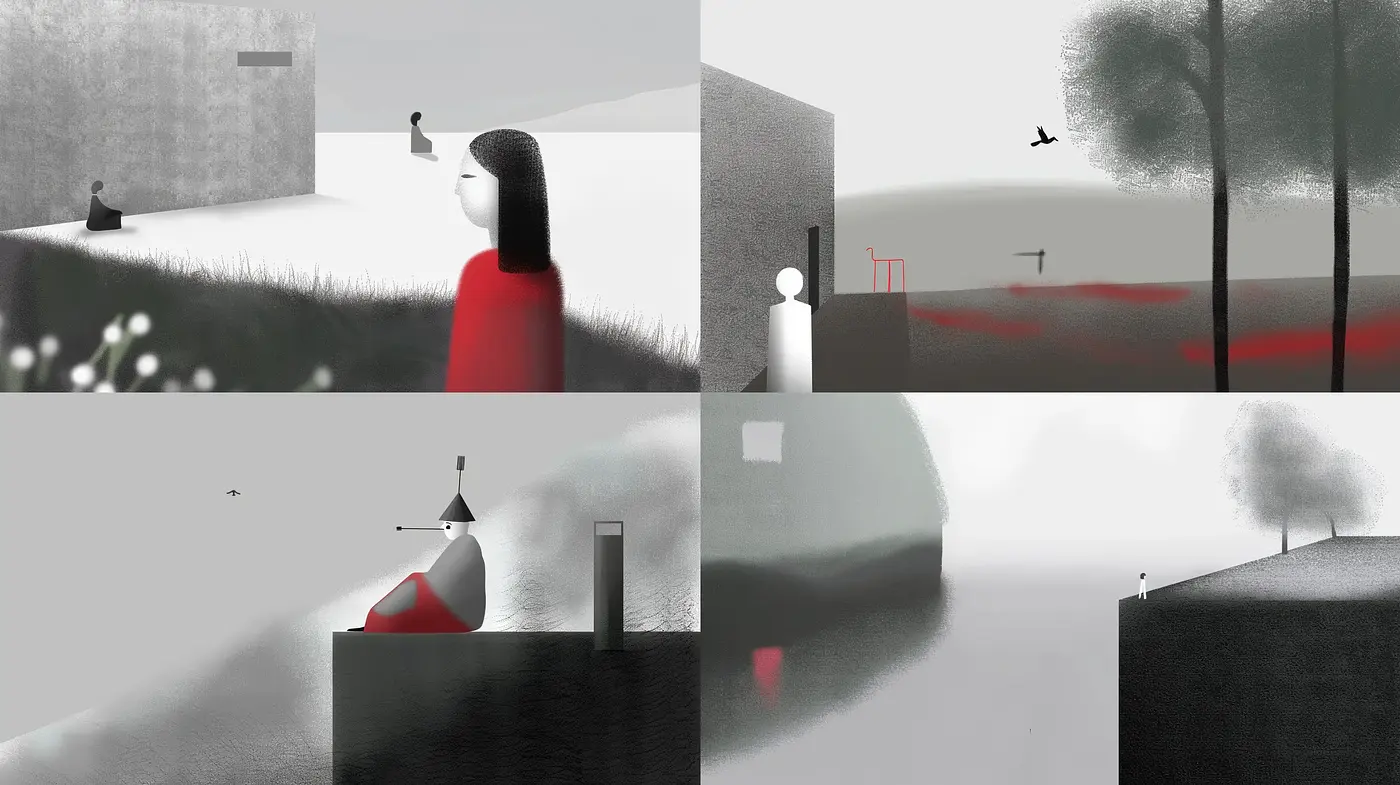 Monochromatic Dreamscape with Red Accent - Midjourney sref style