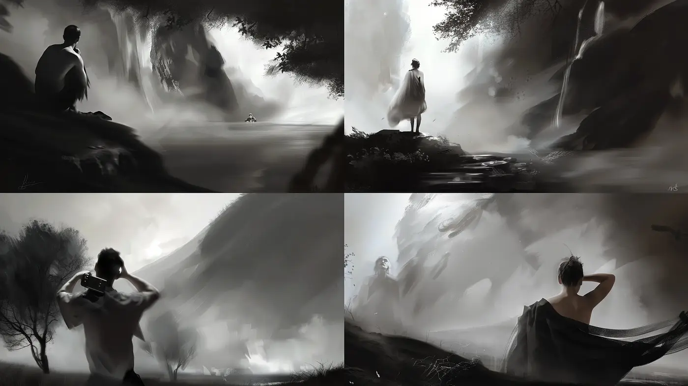 Monochromatic Elegance Amidst Ethereal Landscapes - Midjourney sref style