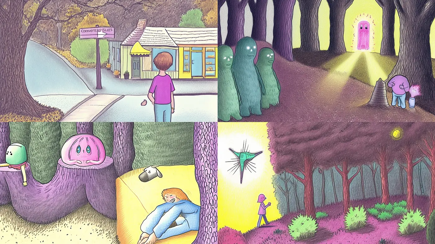 Ethereal Whimsy in Surreal Hues: A Synthesis of Dreamlike Sceneries and Quirky Characters - Midjourney sref style