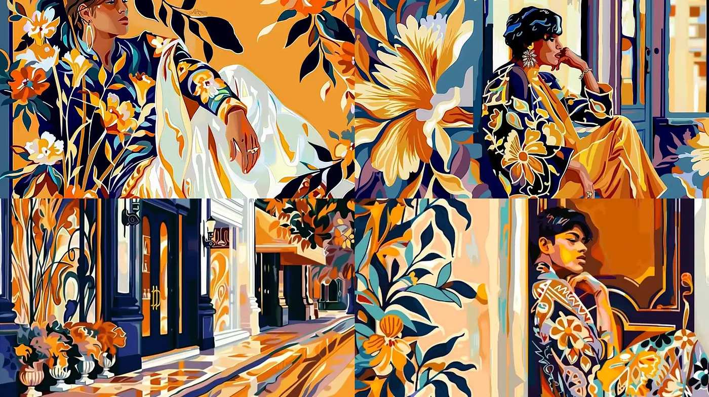 Vibrant Florals in Stylized Contours: A Homage to Decorative Art Forms - Midjourney sref style