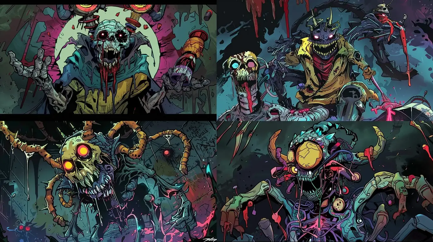 Chaotic Symphony of Dark Fantasy and Vibrant Hues - Midjourney sref style