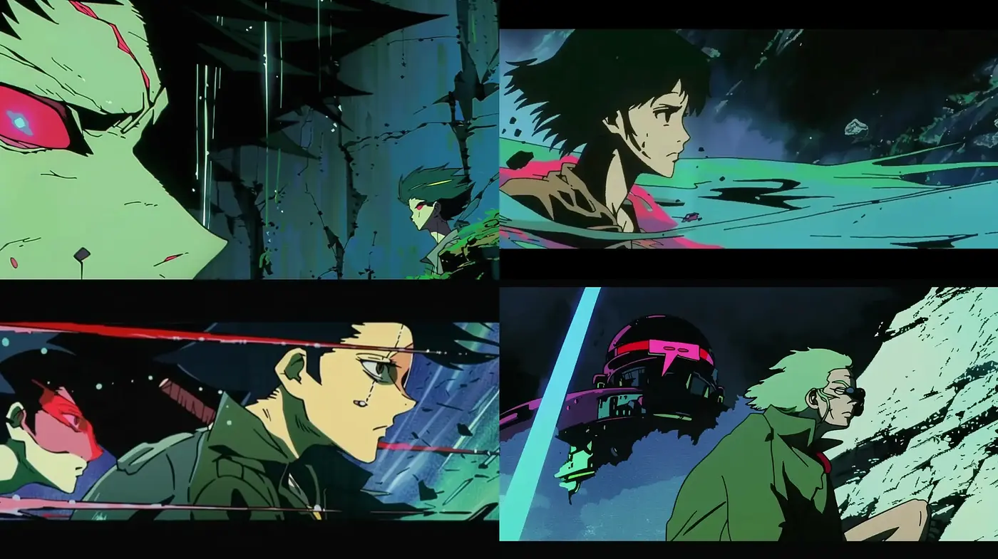 Dynamic Retro-Futuristic Anime Illustration Ensemble - Midjourney sref style