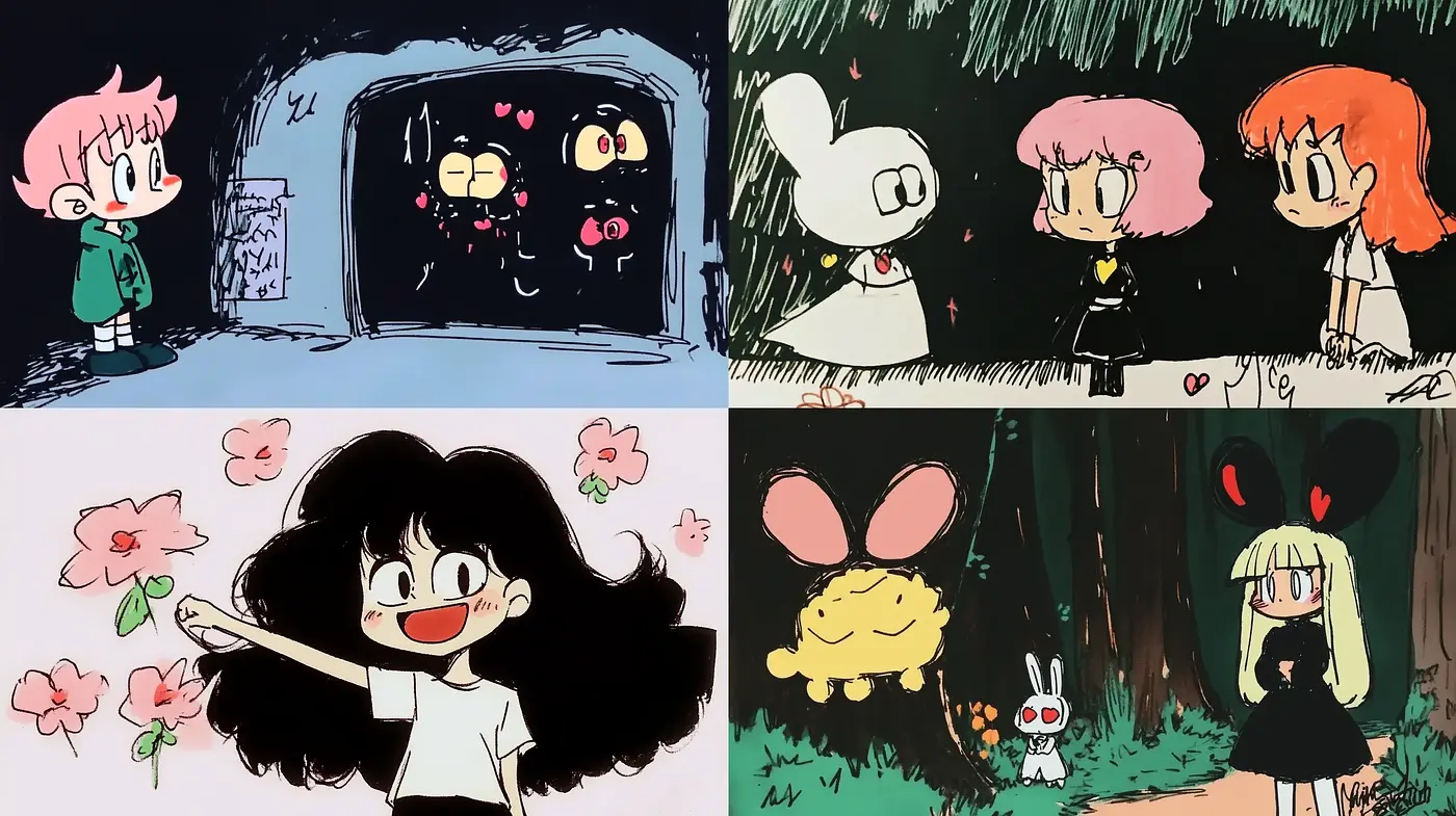 Whimsical Storybook Essence with Vibrant Manga-like Characters - Midjourney sref style