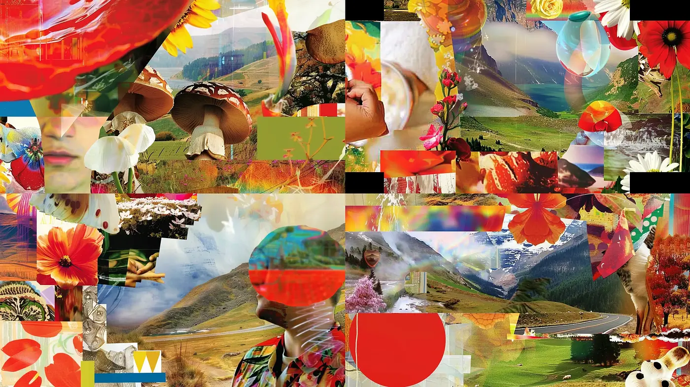 Nature Infused Montage with Vivid Florals and Mountainous Backdrop - Midjourney sref style