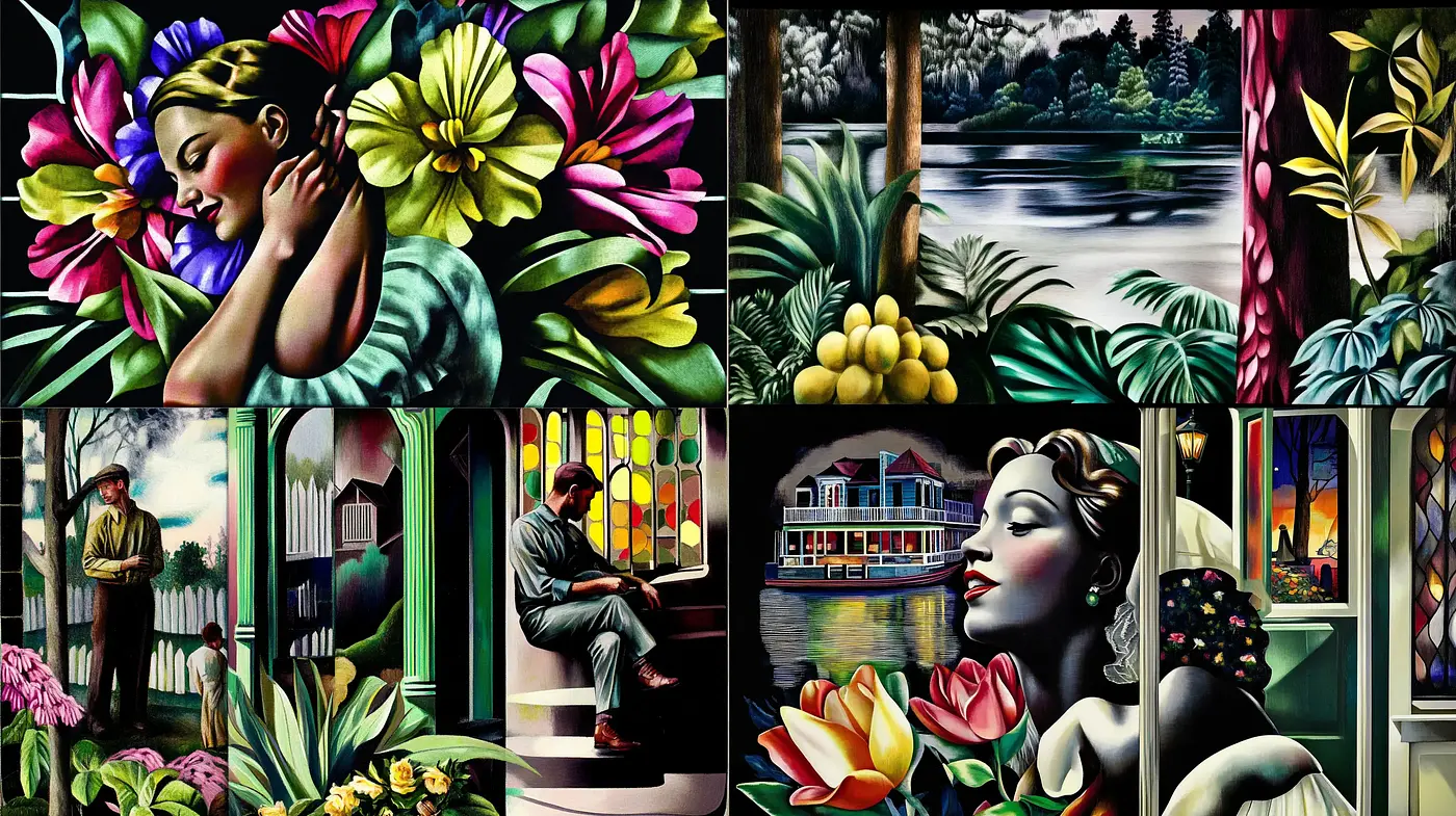 Lush Tropical Noir: A Fusion of Enigmatic Shadows and Vibrant Flora - Midjourney sref style