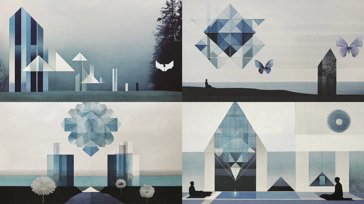 Ethereal Geometric Dreamscape in Cool Hues - Midjourney sref style