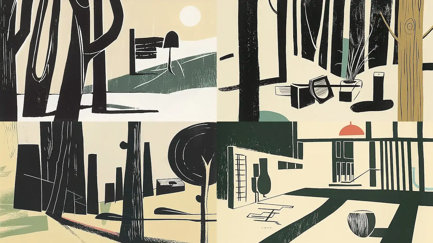 Stylized minimalistic landscape illustrations with consistent color themes and dynamic shapes - Midjourney sref style