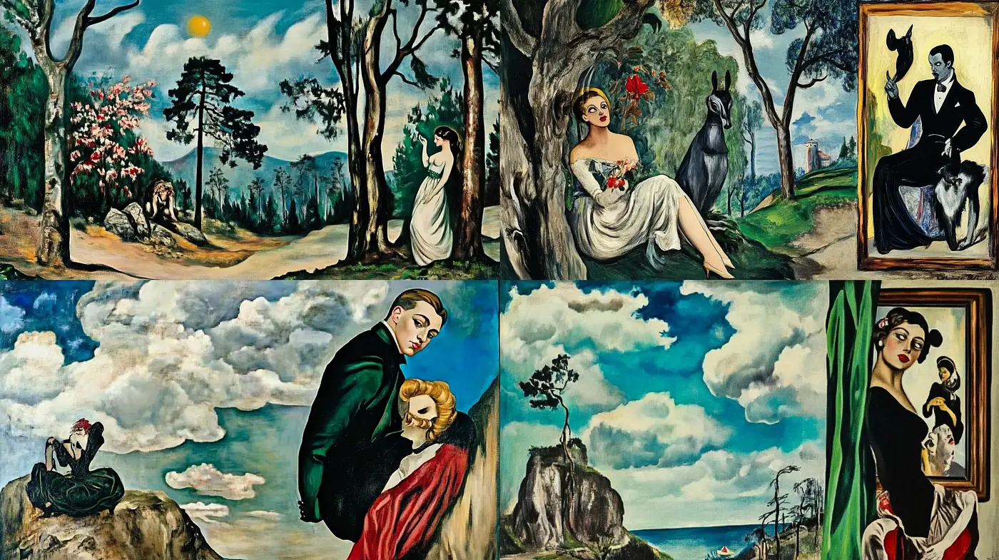 Surrealistic Renaissance Blend with Rich Landscapes and Elegant Figures - Midjourney sref style