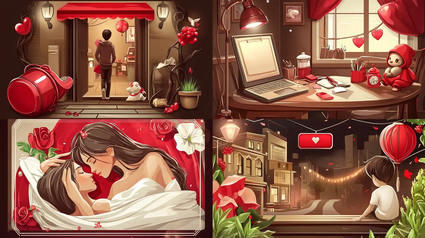 Romantic Red Embrace: A Consistent Warm Hued Ode to Affection - Midjourney sref style
