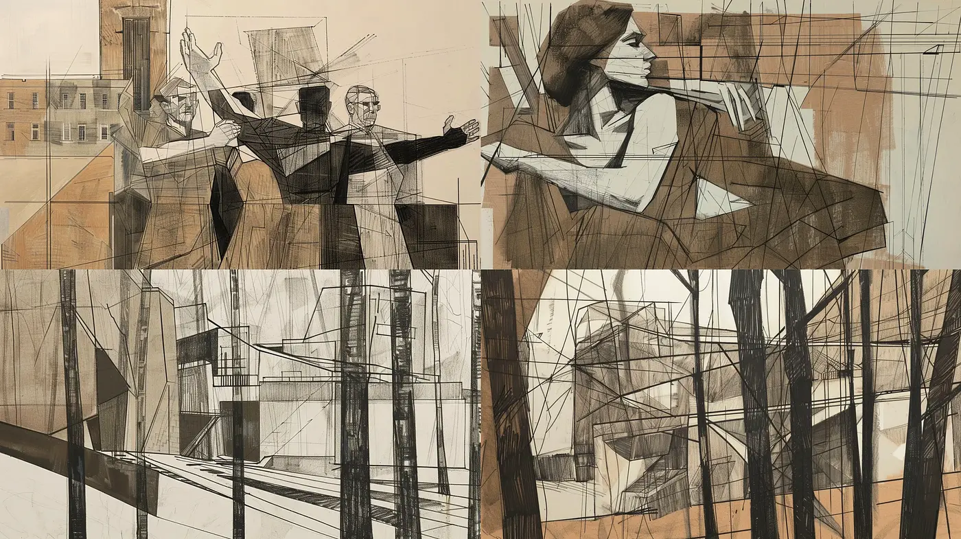Sepia-Toned Geometric Harmony: A Fusion of Linearity and Human Forms - Midjourney sref style