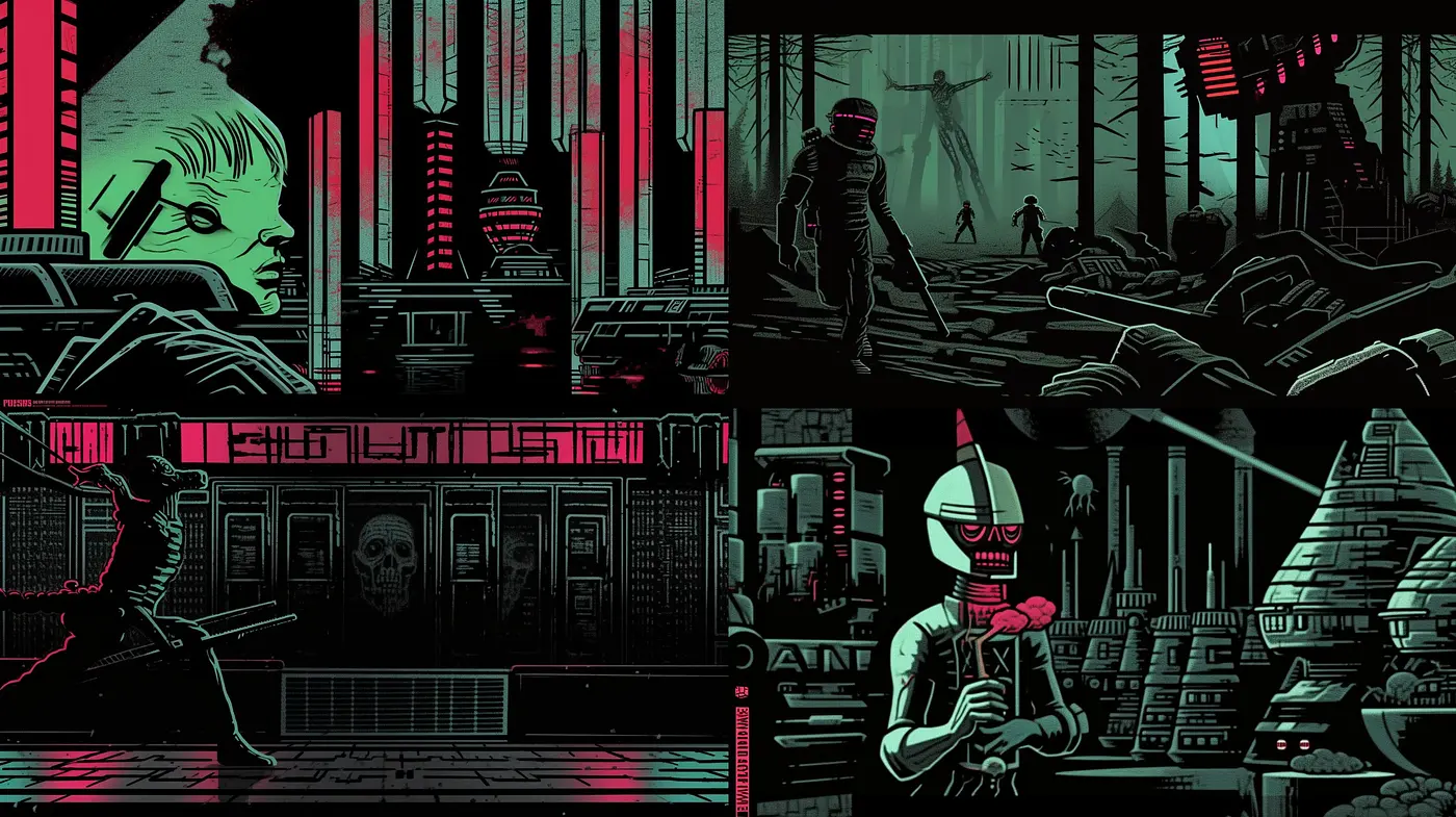 Neon Noir Cyberpunk Dreamscape: A Homage to Shadowy Dystopias with Vibrant Accents - Midjourney sref style