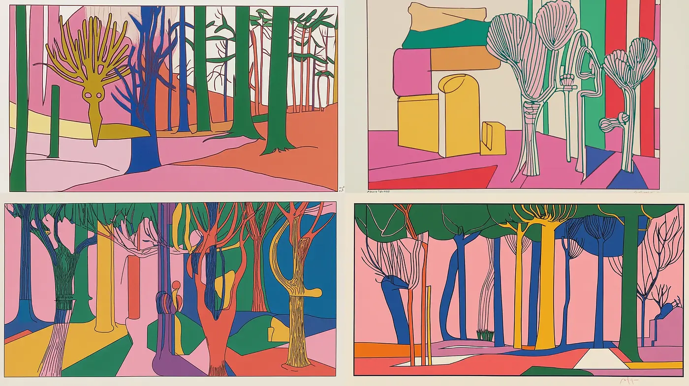 Stylized Arboreal Dreamscapes with Vivid Flat Color Blocks - Midjourney sref style