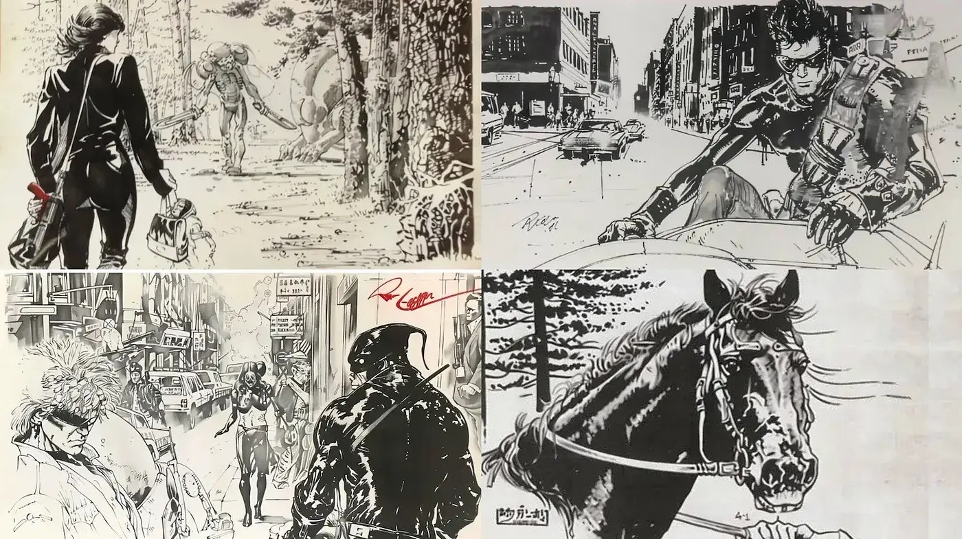 Dynamic Black and White Illustrations with Strong Line Work and Detailed Textures - Midjourney sref style