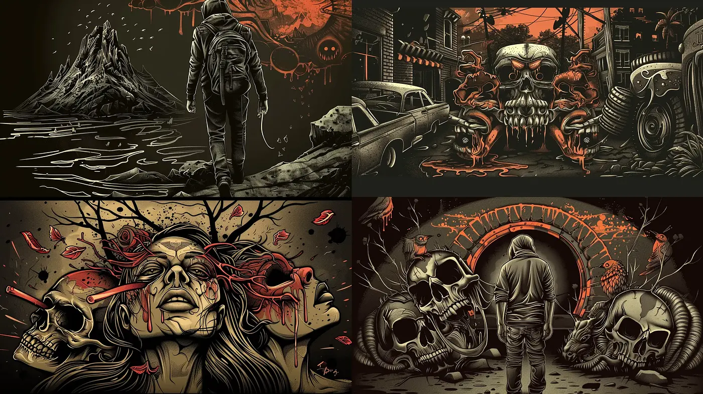 Gritty Macabre Fusion with Surrealist Overtones - Midjourney sref style