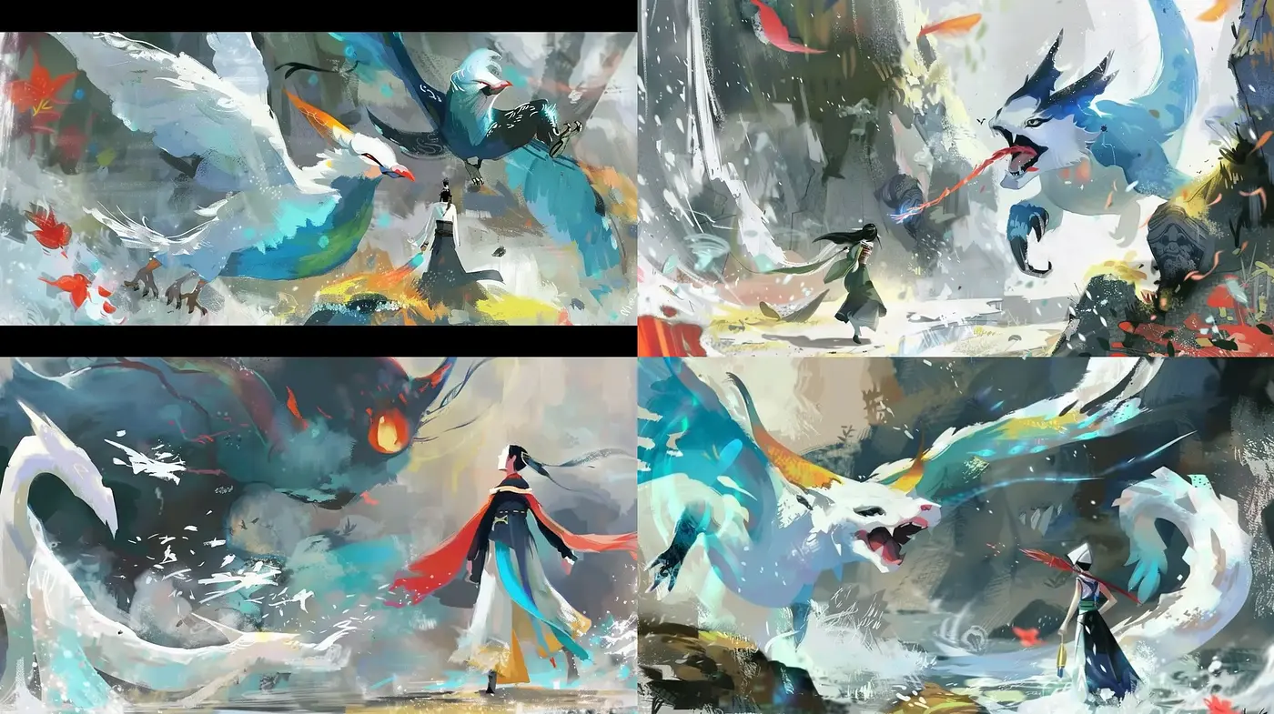 Ethereal Brushwork of Mythical Confrontations in an Abstract World - Midjourney sref style