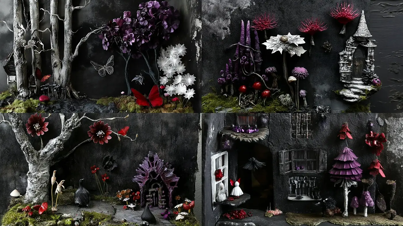 Enigmatic Twilight: A Synthesis of Surreal Gothicism and Nature's Dark Palette - Midjourney sref style