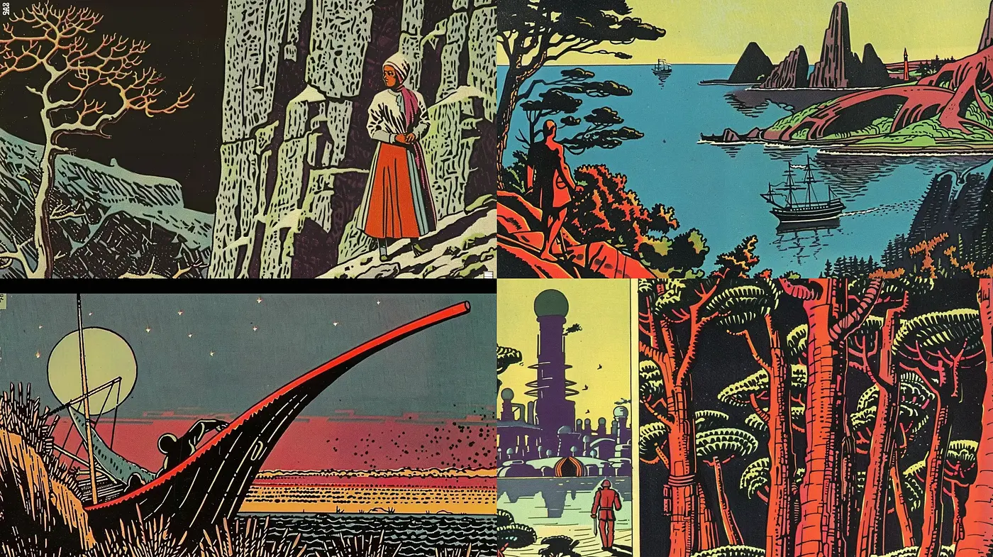 Ethereal Landscapes and Retrofuturistic Visions: A Study in Sci-Fi Nostalgia - Midjourney sref style