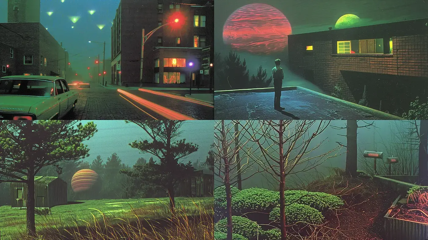 Surreal, retro-futuristic landscapes with a dreamlike quality - Midjourney sref style