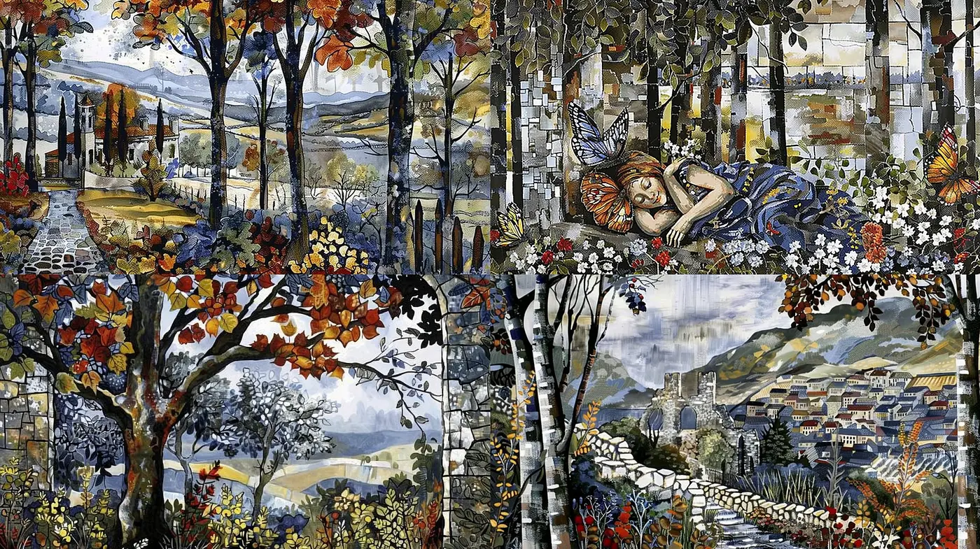 Enchanted Mosaic Realms: A Fusion of Vintage Textures and Pastoral Elegance - Midjourney sref style