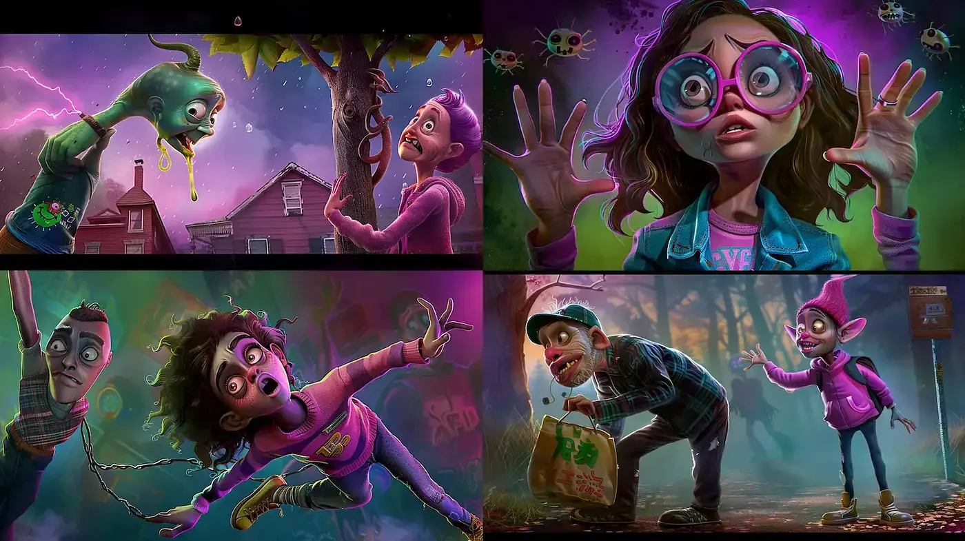 Whimsical and Eerie Adventure Aesthetic with Expressive Characters - Midjourney sref style