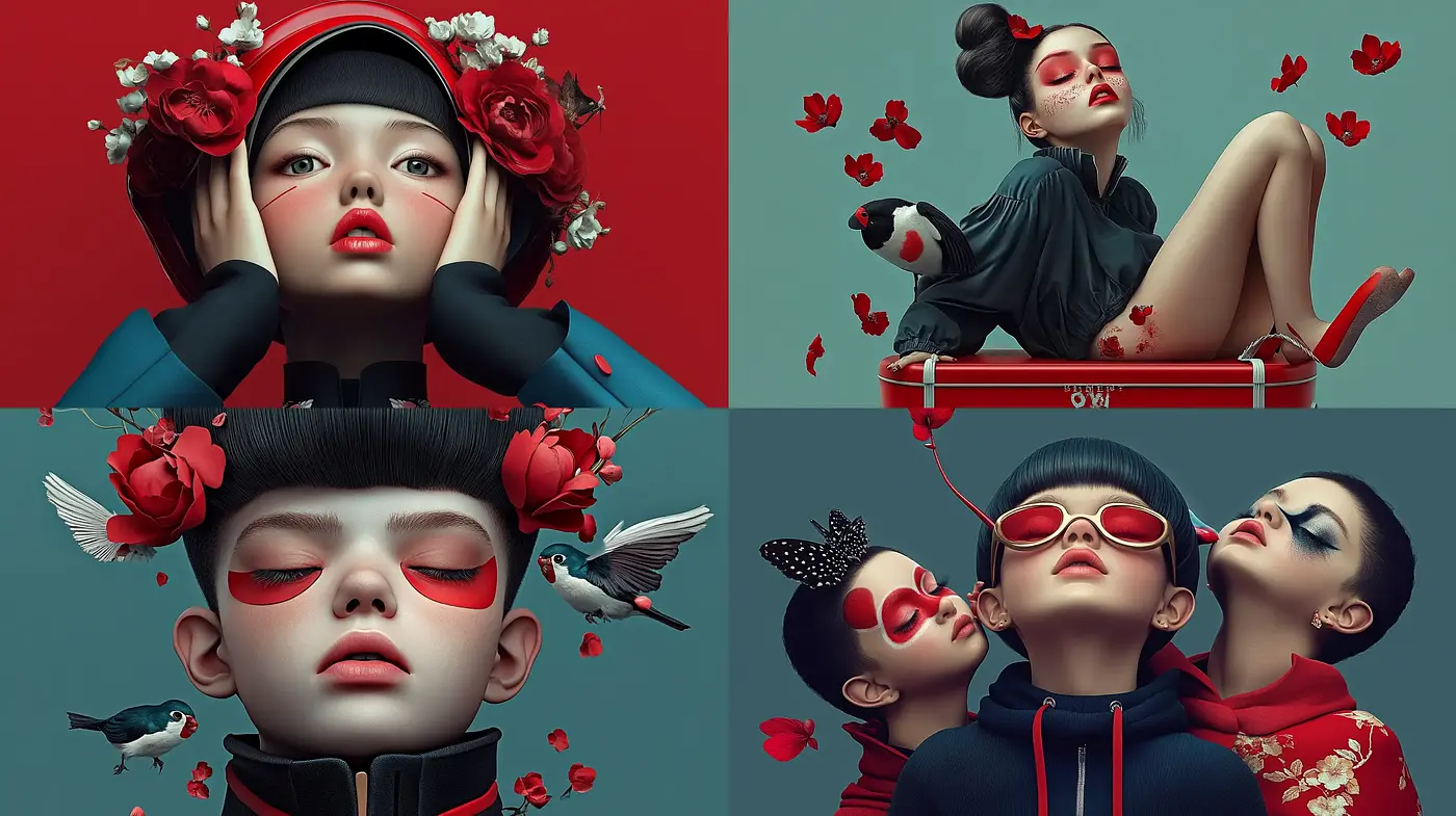 Contemporary Surreal Portraiture with Floral and Avian Motifs - Midjourney sref style