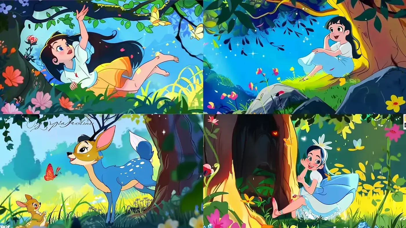 Whimsical and Colorful Animated Forest Scenes with Playful Characters - Midjourney sref style