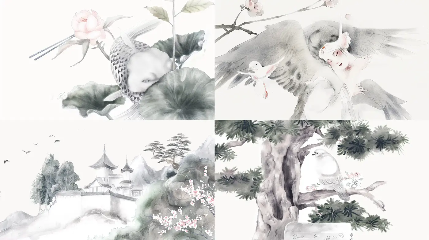 Tranquil Elegance in Monochrome Botanicals and Fauna - Midjourney sref style