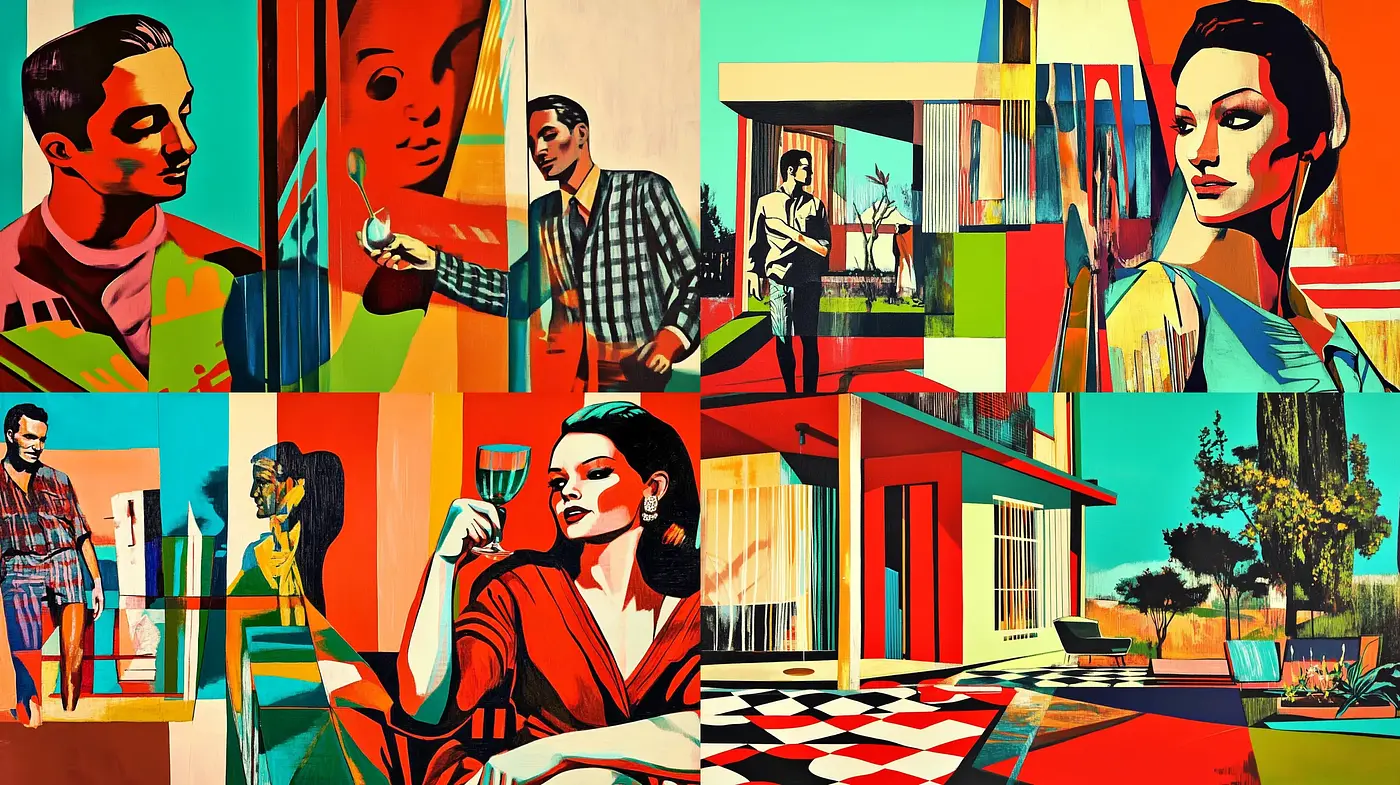Vibrant Mid-Century Modern Fusion with a Graphic Novel Twist - Midjourney sref style