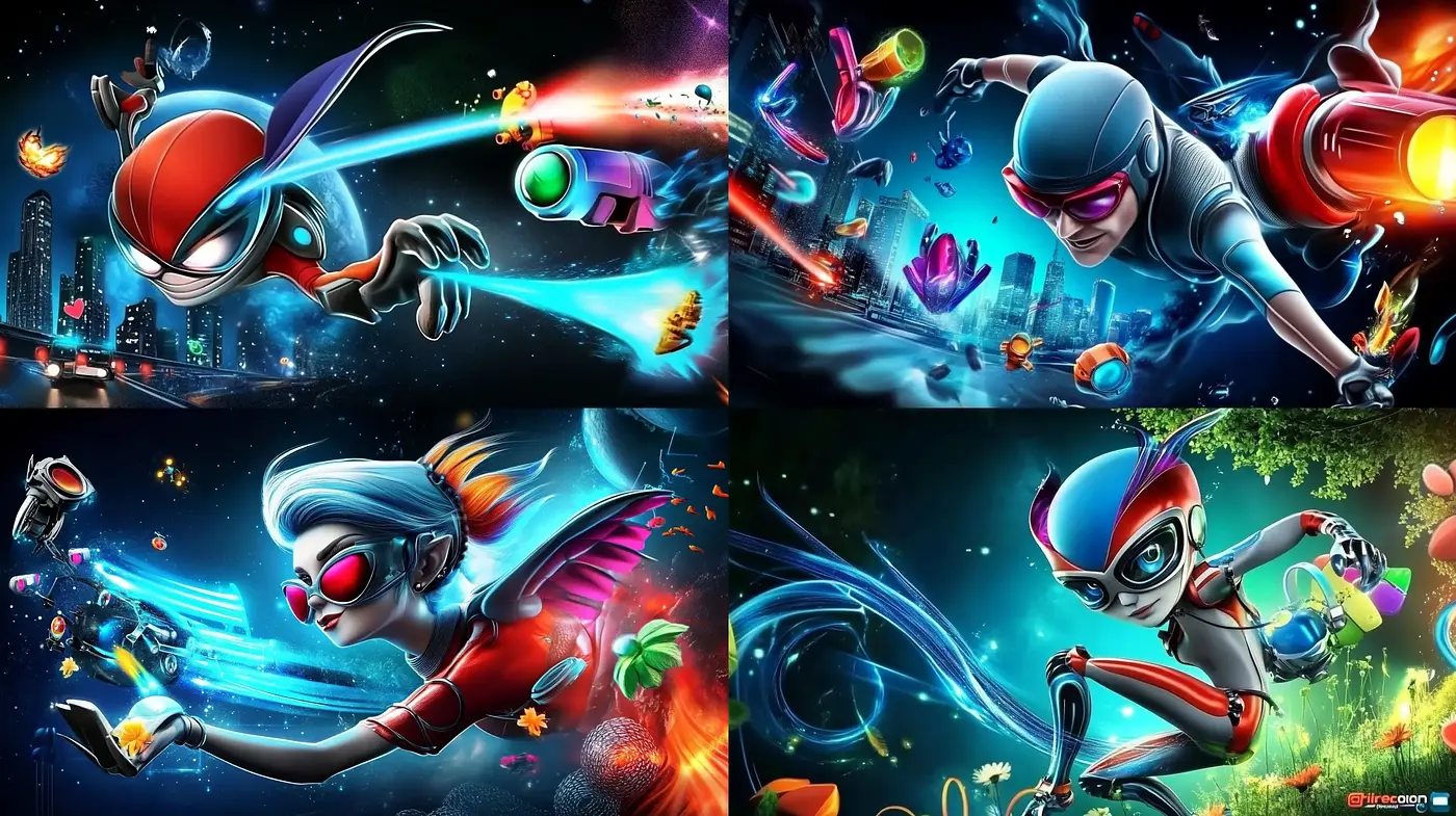 Futuristic Neon Dreamscapes with Dynamic Heroic Figures - Midjourney sref style