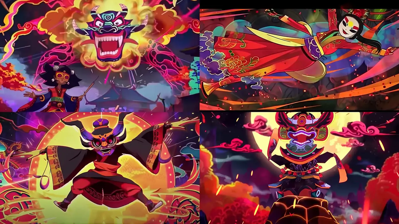 Vibrant Mythological Panache: A Fusion of Dynamic Anime Energy and Surrealist Fantasy - Midjourney sref style