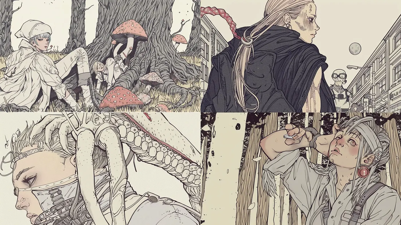 Consistent Vintage Hues with a Futuristic Manga Influence - Midjourney sref style