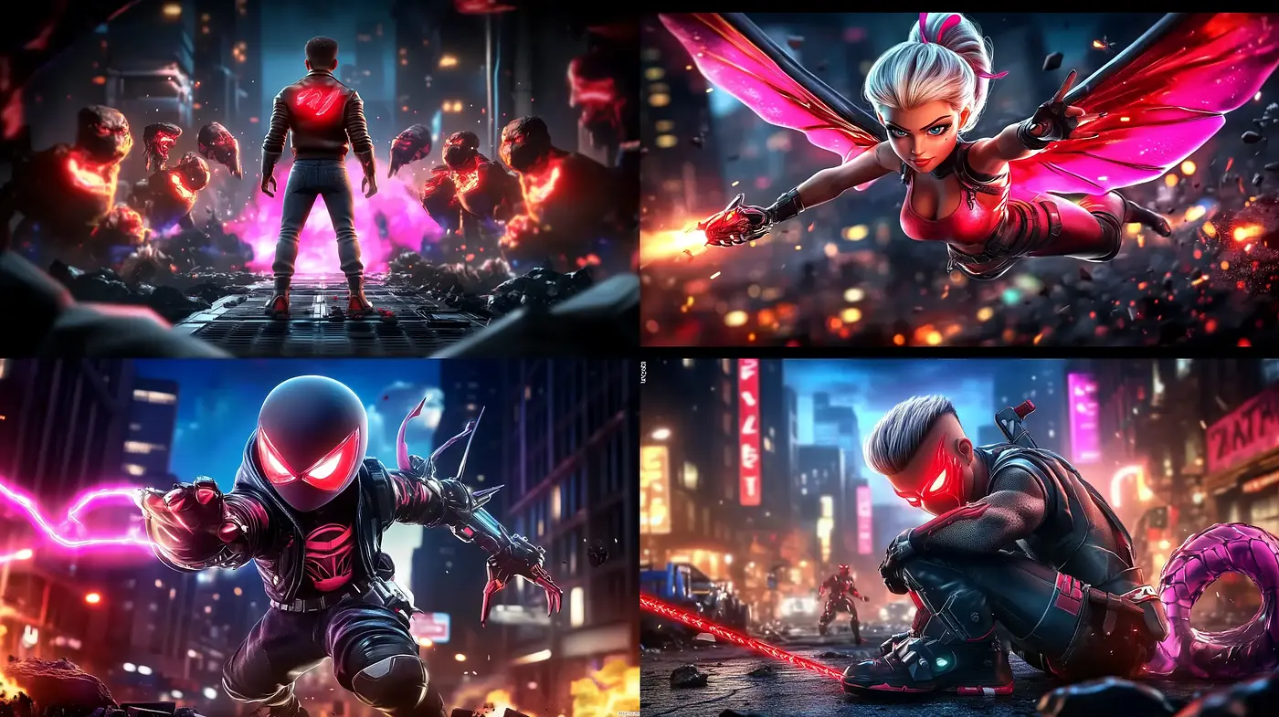 Neon-lit Futuristic Fantasy with a Dynamic Comic Book Flair - Midjourney sref style
