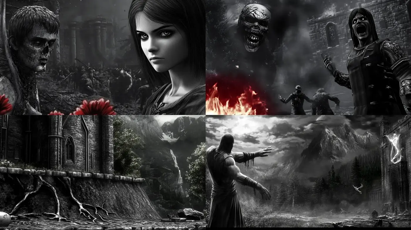 Gothic Reverie of Dark Fantasy: Monochromatic Intrigue and Crimson Accents - Midjourney sref style